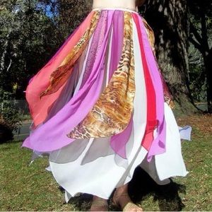 Ameynra Belly Dance Skirt White Chiffon Multicollor petals Elastic waist Size S